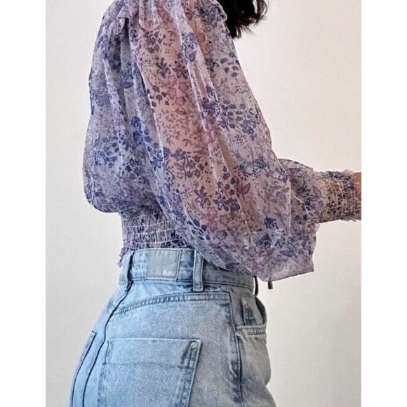 Free People Sheer Cropped Tie Floral Twyla Print Top Purple Blue Sz M Boho NWOT - Picture 7 of 16